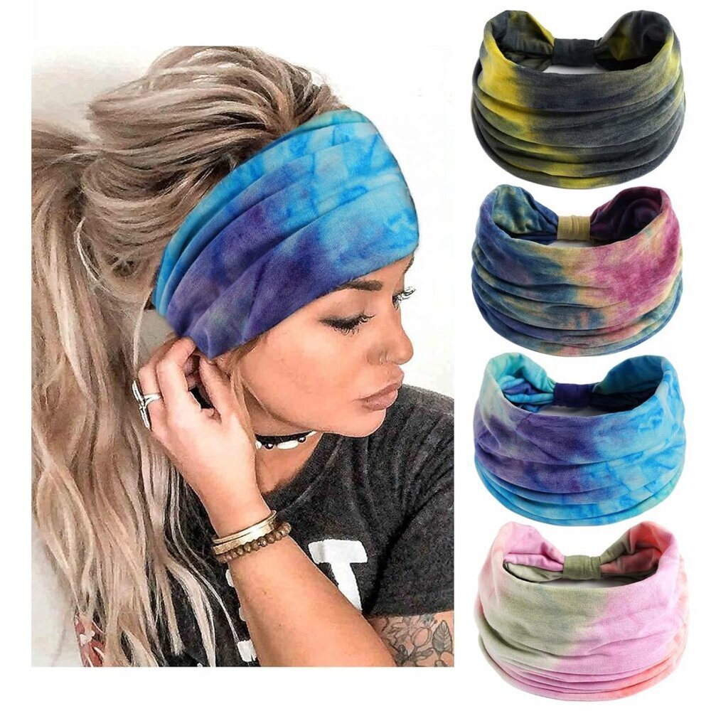 Boho Headbands for Women Fashion Stretch Wide Hair Bands Tie Dye Knoted Turban H